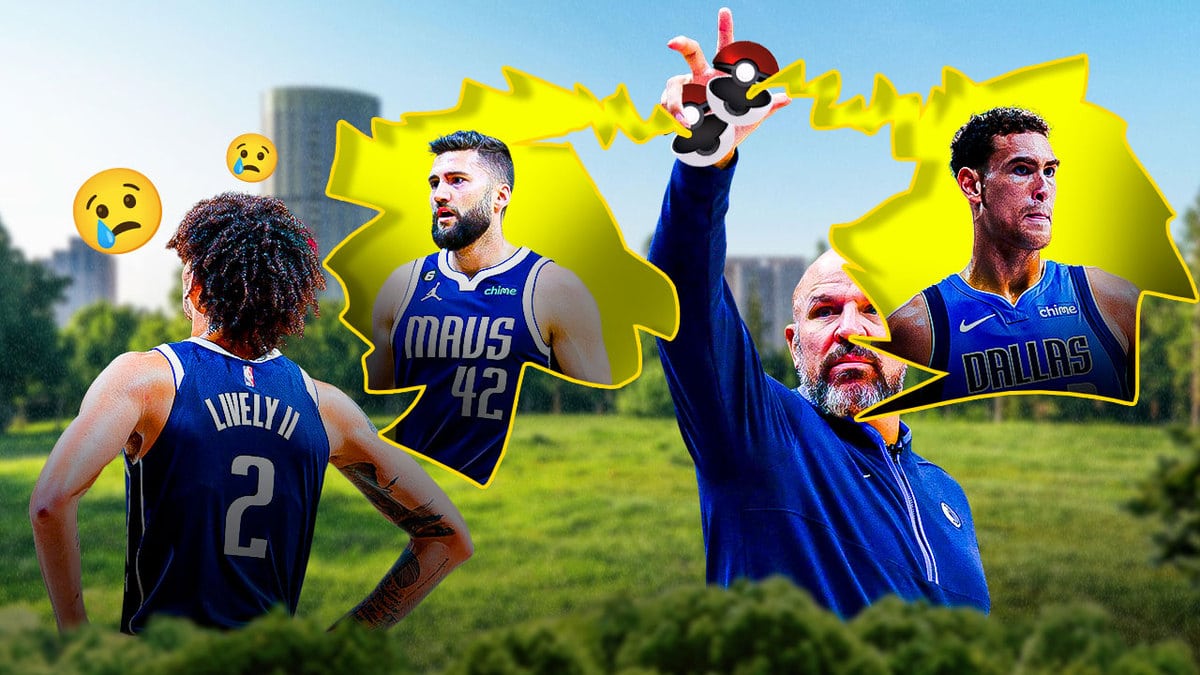 Mavs head coach Jason Kidd holding two pokeballs with Dwight Powell and Maxi Kleber coming out of the pokeballs, with Dereck Lively II looking sad