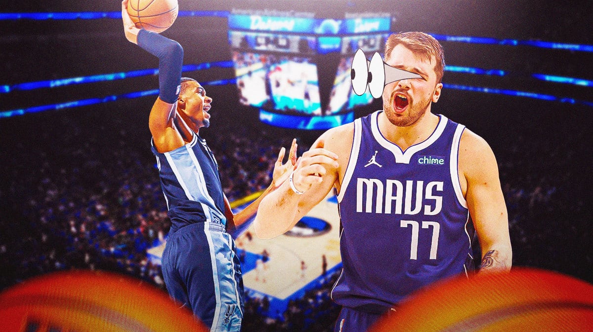 Mavs' Luka Doncic with eyes popping out looking at Spurs' Victor Wembanyama dunking a basketball.