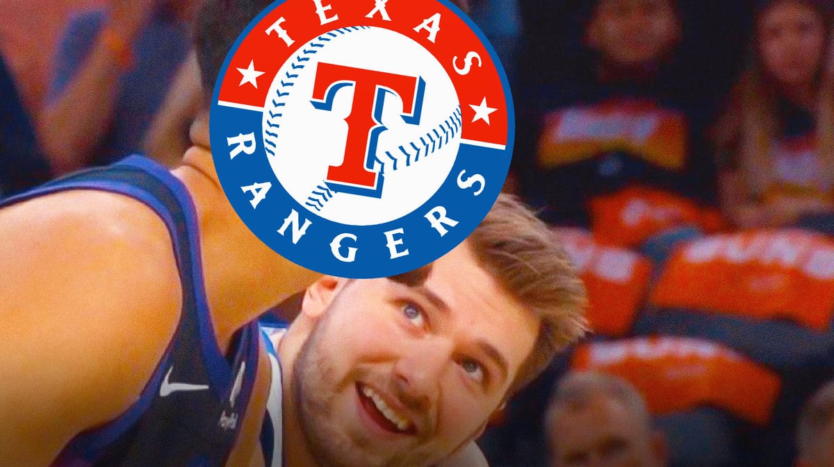 The Rangers logo on Devin Booker’s face, while Luka Doncic of the Mavs look on