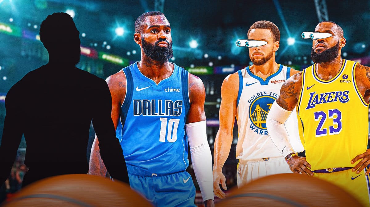 The Boston Celtics' Jayson Tatum, the Dallas Mavericks' Tim Hardaway, Jr., the Golden State Warriors' Stephen Curry, and the Los Angeles Lakers LeBron James
