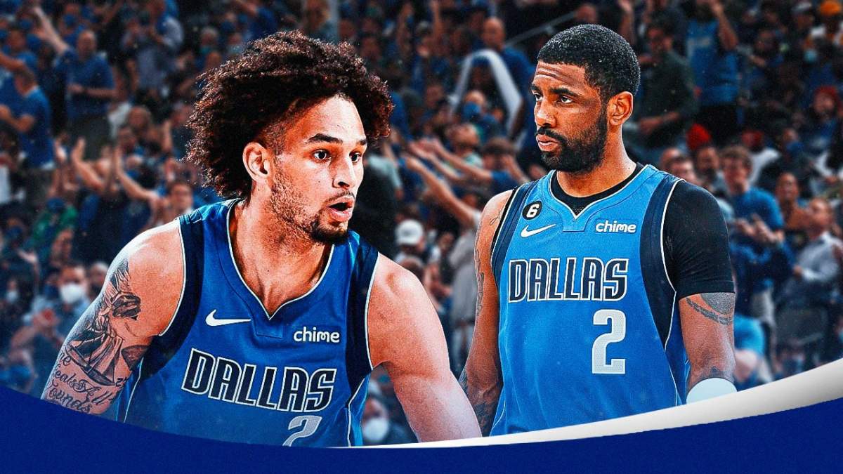 Kyrie Irving stands next to Derek Lively II after Mavs won their season debut against the Spurs, Luka Doncic