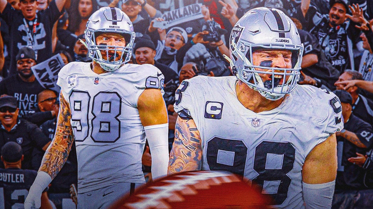 Maxx Crosby yelling in excitement in a Raiders jersey. Raiders fans cheering in the background