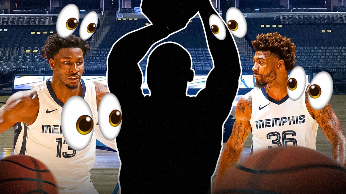 A silhouette of an action shot of Bismack Biyombo. Marcus Smart and Jaren Jackson Jr of Grizzlies with eye emojis and looking at Biyombo.