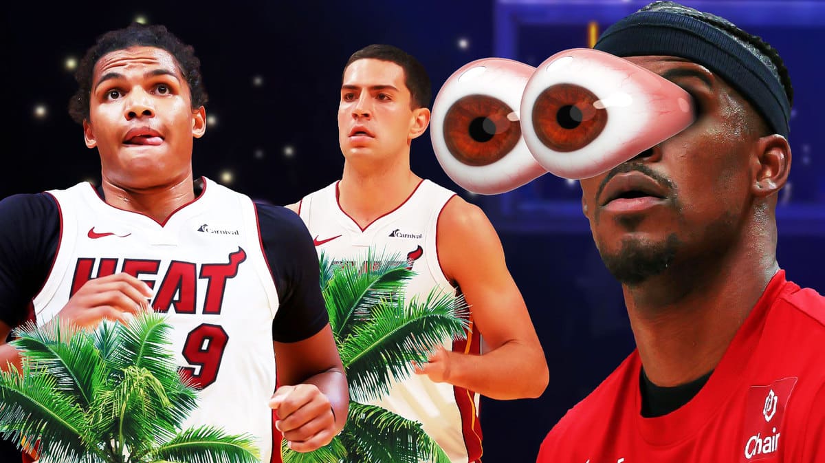 Heat’s Jimmy Butler eyes popping out looking at Dru Smith and Cole Swider in Heat uniforms