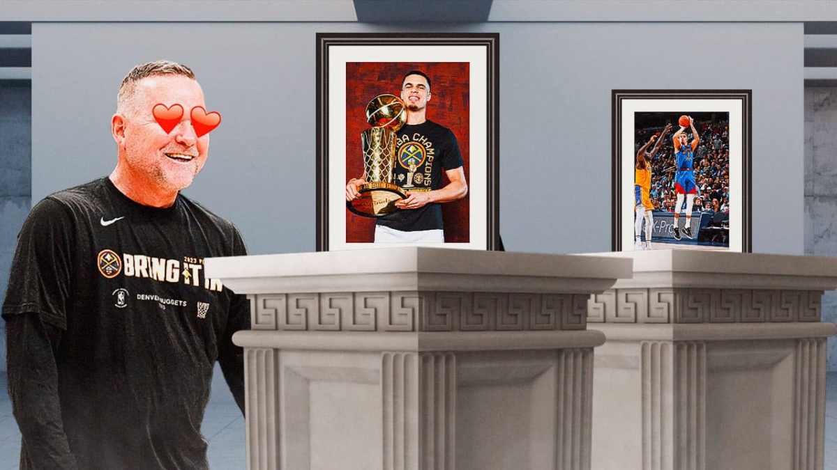 Nuggets' Michael Malone with heart eyes while smiling at a pic of Michael Porter Jr. holding the NBA Finals trophy in the middle, with a pic of Porter shooting a 3 over the Lakers on the right