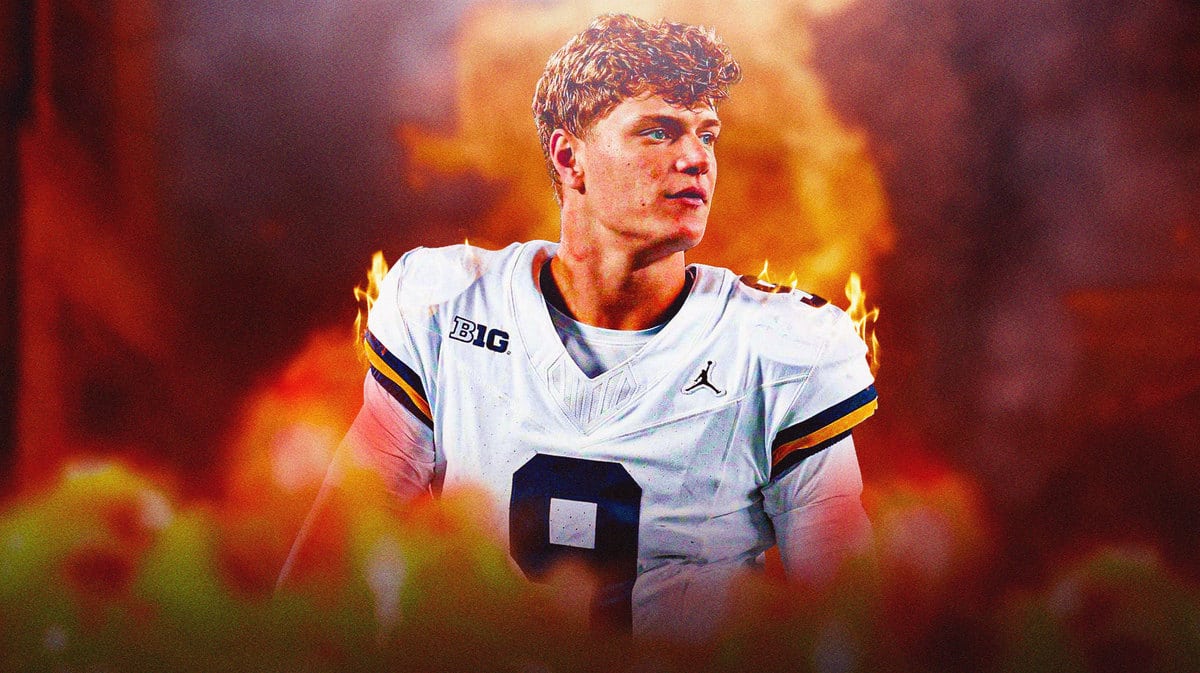 JJ McCarthy with flames coming off of him