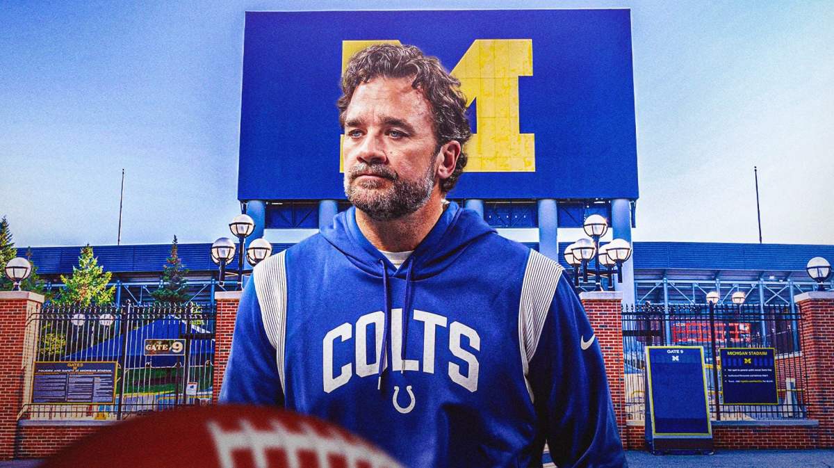 Michigan football, Wolverines, Michigan football investigation, Connor Stalions, Jeff Saturday, Jeff Saturday with Michigan football stadium in the background