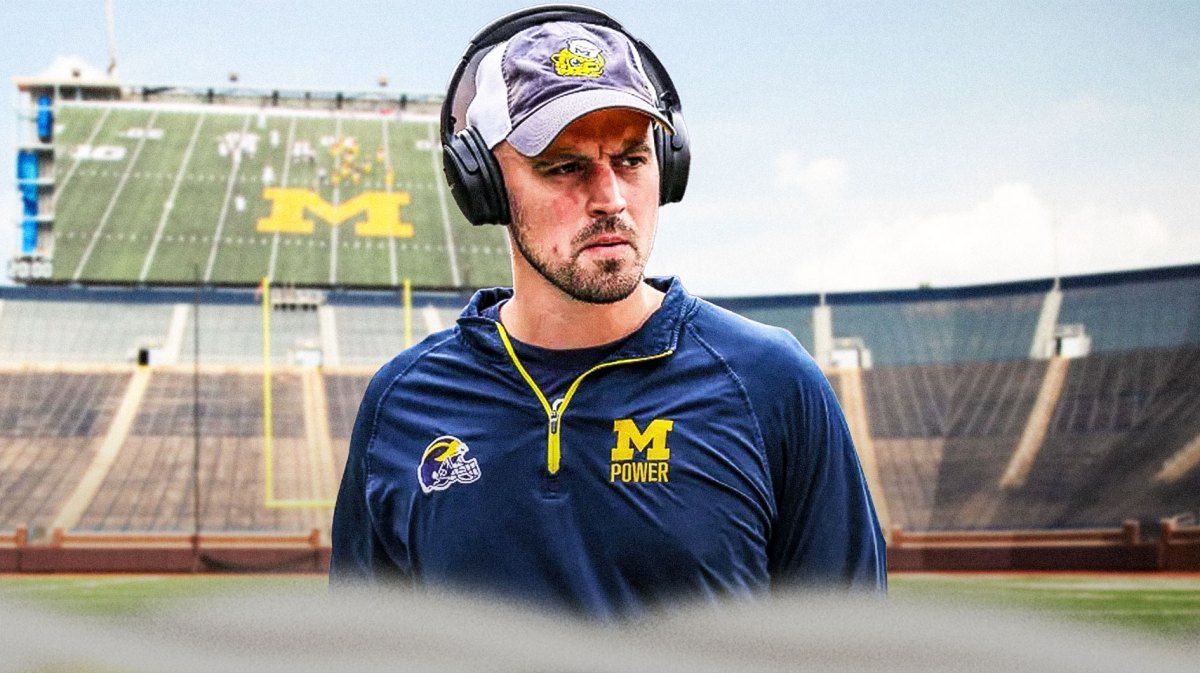 Michigan football, Michigan football investigation, Wolverines, Conor Stalions, Jim Harbaugh, Conor Stalions with Michigan football stadium in the background