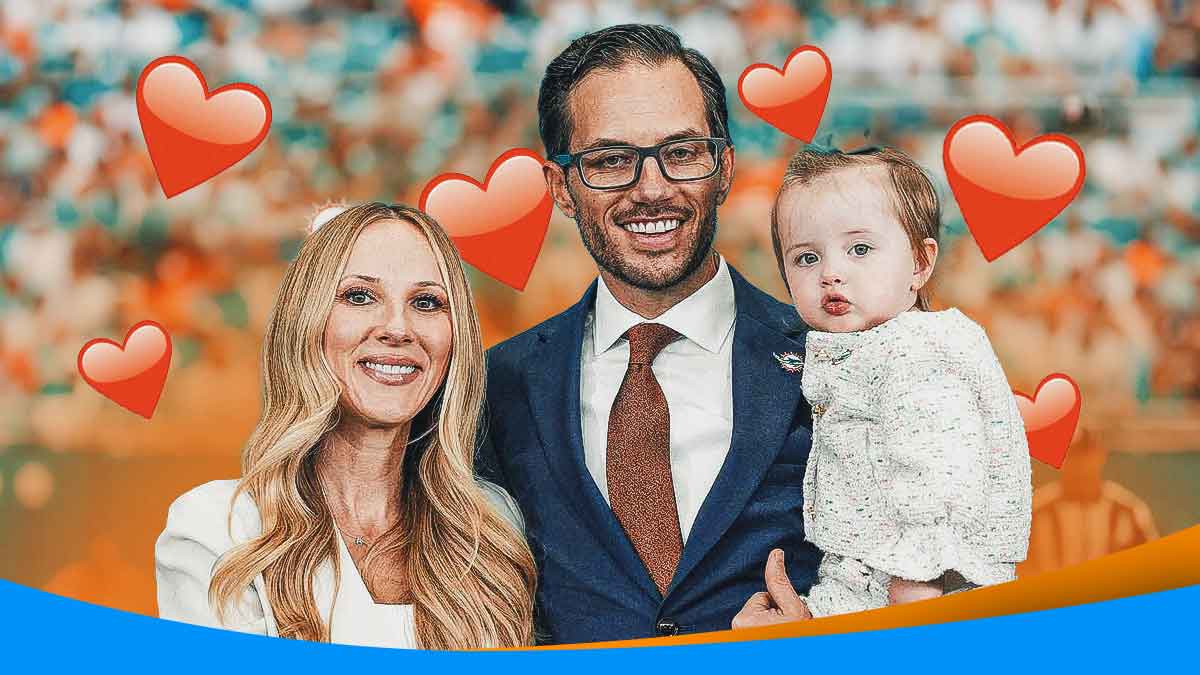 Katie Hemstalk and Mike McDaniel surrounded by hearts.