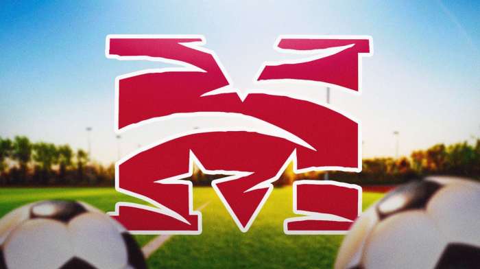 Morehouse college logo, soccer field in the background, soccer balls in the front