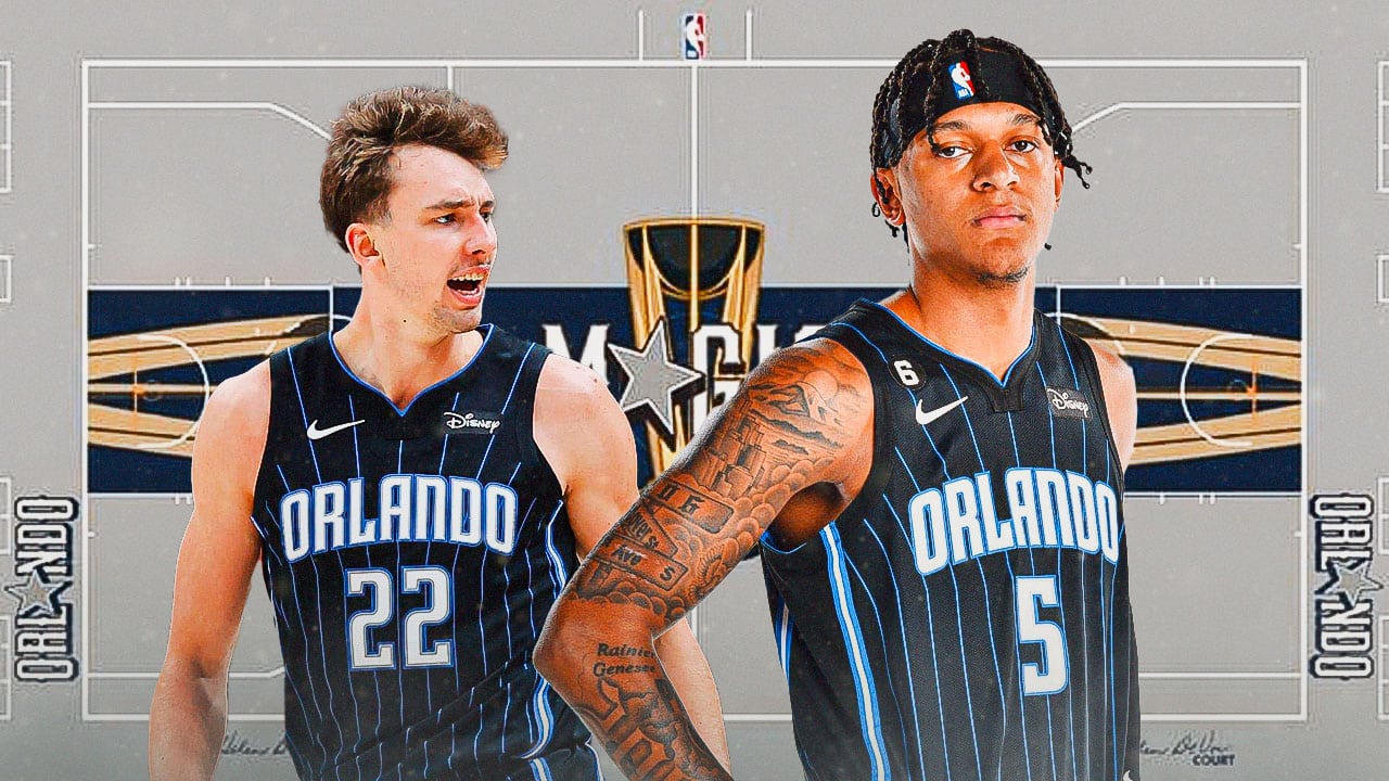 Franz Wagner and Paolo Banchero in front of the Magic's In-Season Tournament court