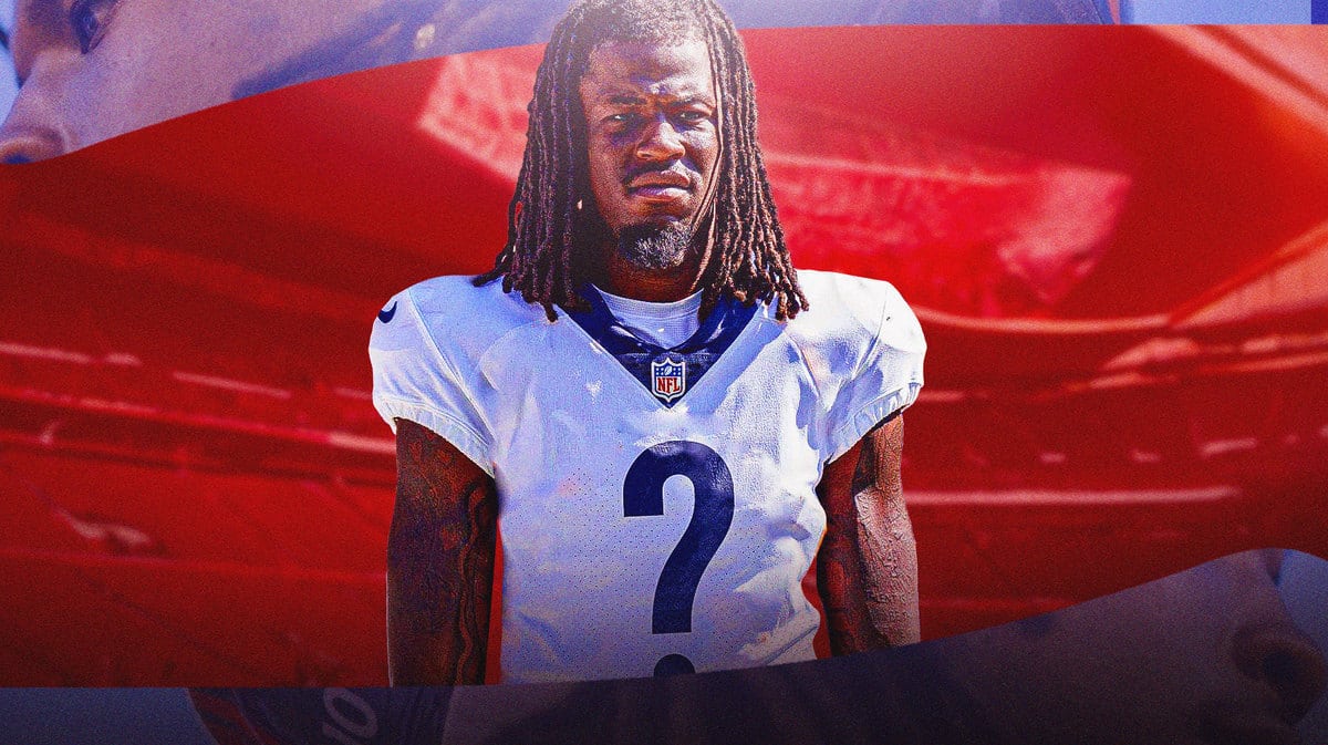 Jerry Jeudy of the Broncos with a blank uniform and a big question mark on it