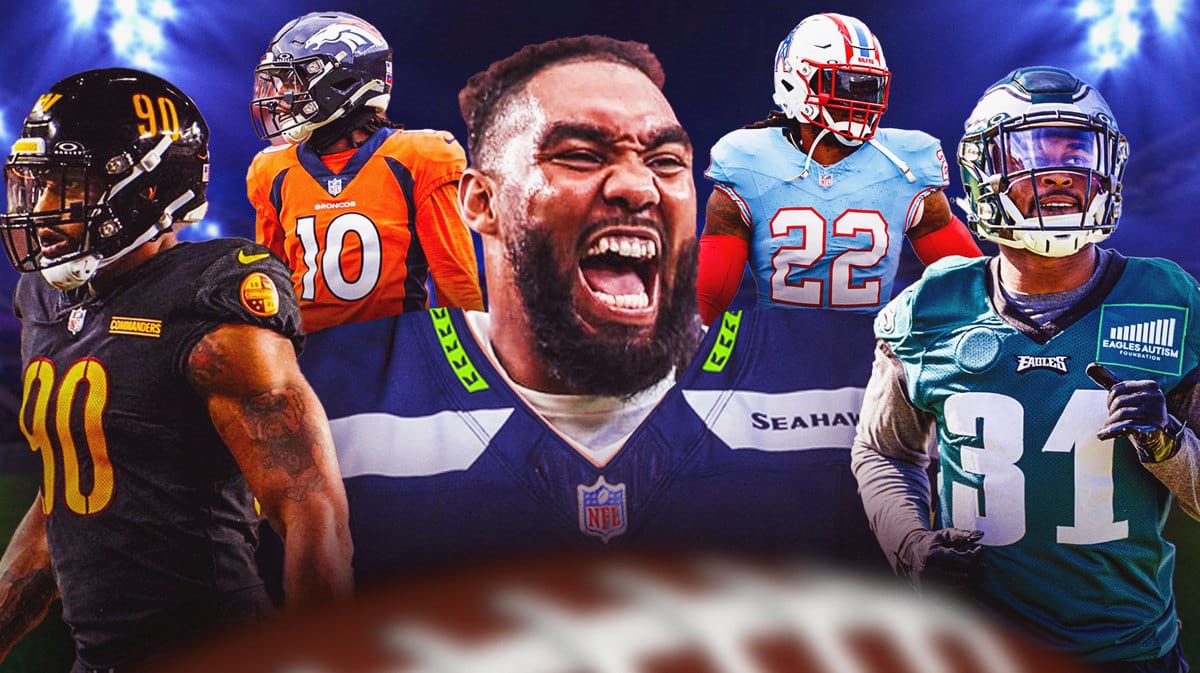 Leonard Williams (in a Seahawks jersey with no number), Derrick Henry, Jerry Jeudy, Montez Sweat and Kevin Byard (in an Eagles jersey wearing number 31)