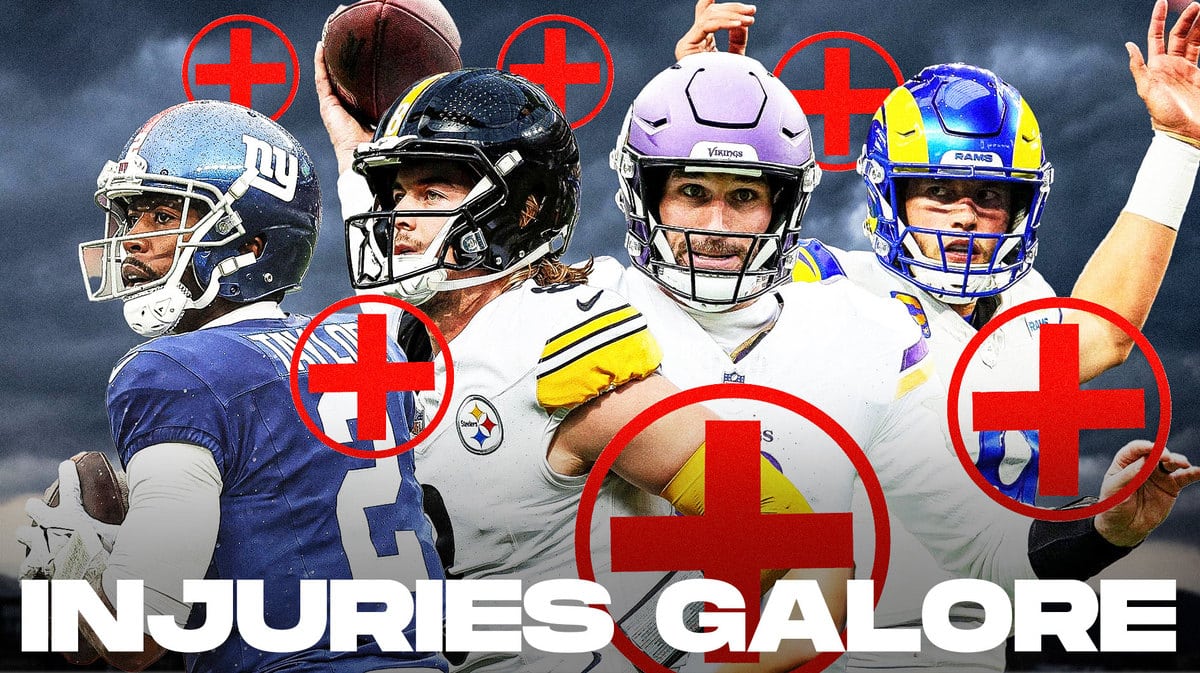 Kirk Cousins in the middle, with Ryan Tannehill, Jacoby Brissett, Andy Dalton, Jameis Winston around him. Storm clouds and the Minnesota Vikings logo somewhere in the background.