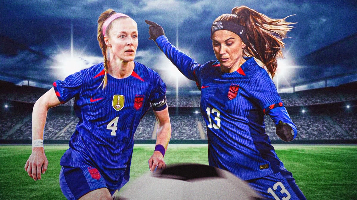 Alex Morgan and Becky Sauerbrunn, members of the USWNT, in the foreground, with a soccer pitch as the background, and it looks like the two players are “juggling” soccer balls because they are juggling their duties with the NWSL