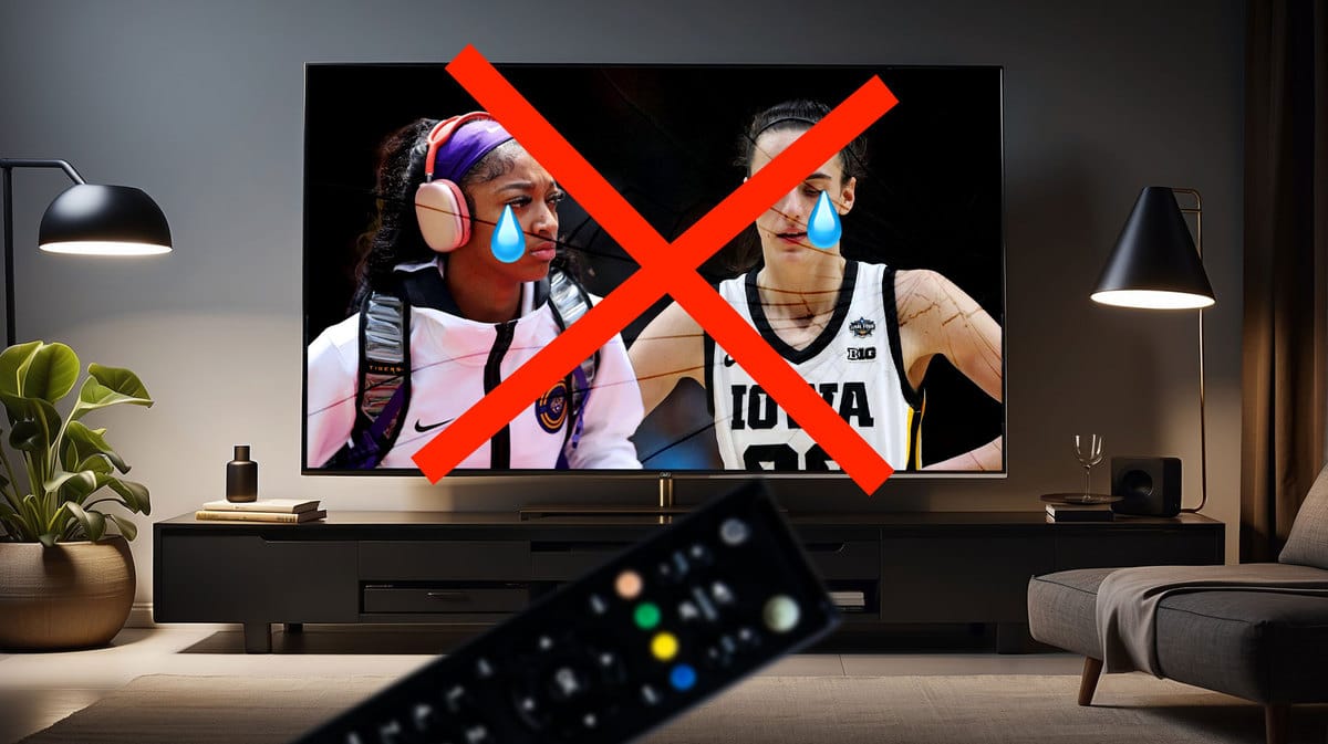 Angel Reese and Caitlin Clark inside a TV with tear drop emojis since NCAA women's basketball title game won't be on primetime