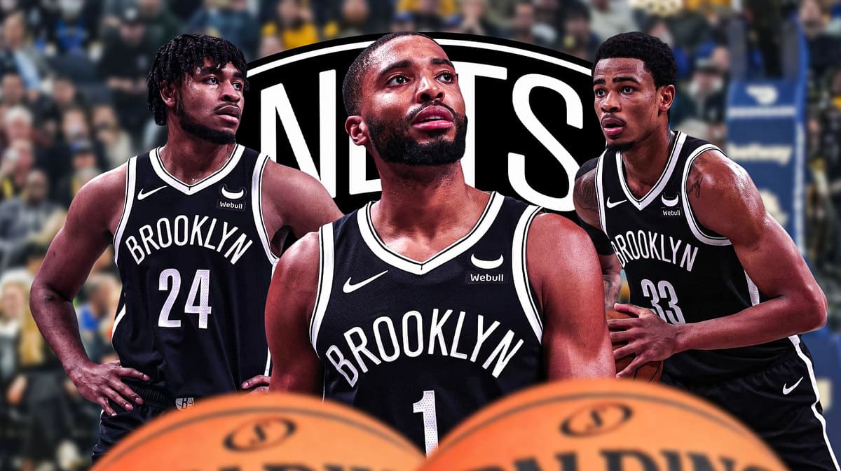Cam Thomas, Nic Claxton and Mikal Bridges, BK Nets logo, basketball court