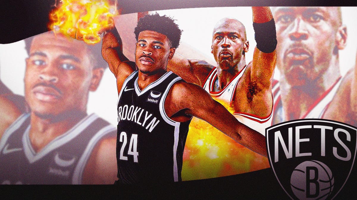 Nets' Cam Thomas holding a basketball that’s on fire, with 1993 Michael Jordan hyped up on the right