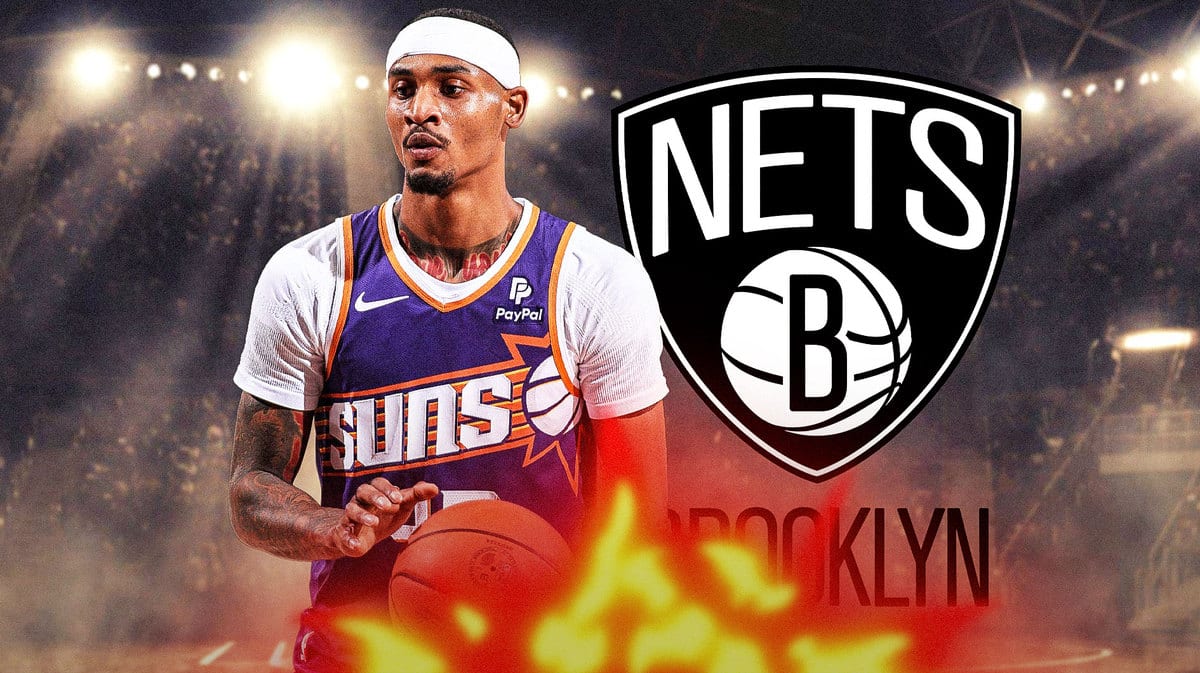 Keon Johnson with the Nets logo in the background