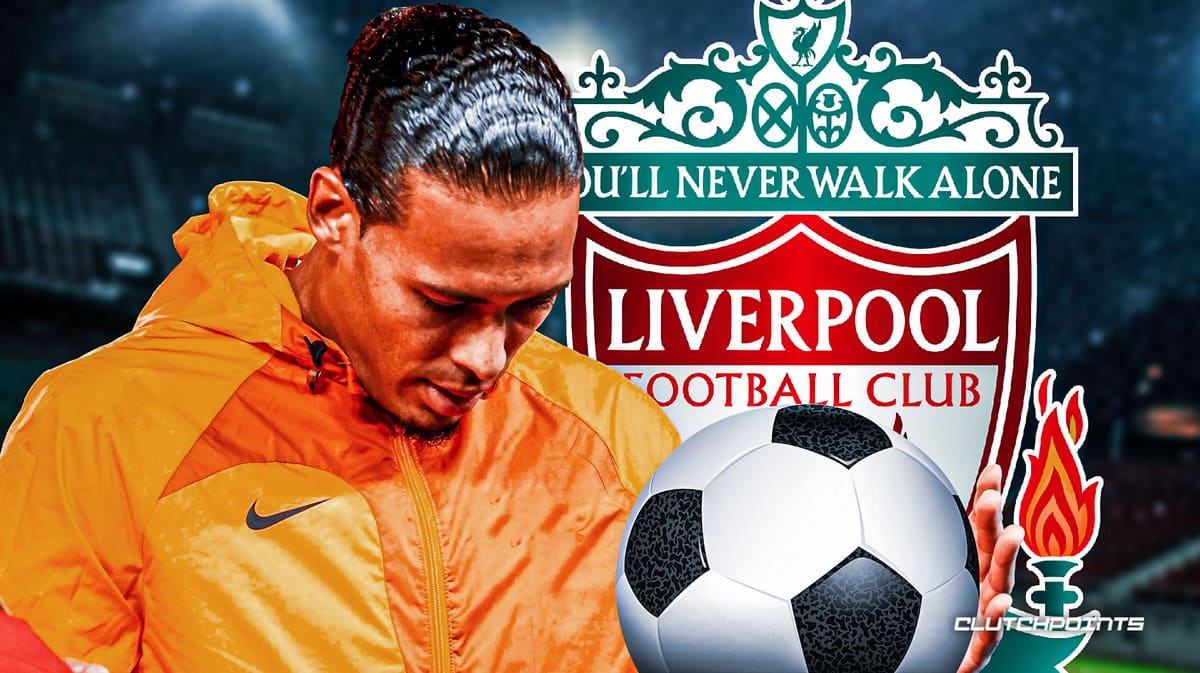 Virgil van Dijk wit his eyes closed in front of the Liverpool logo