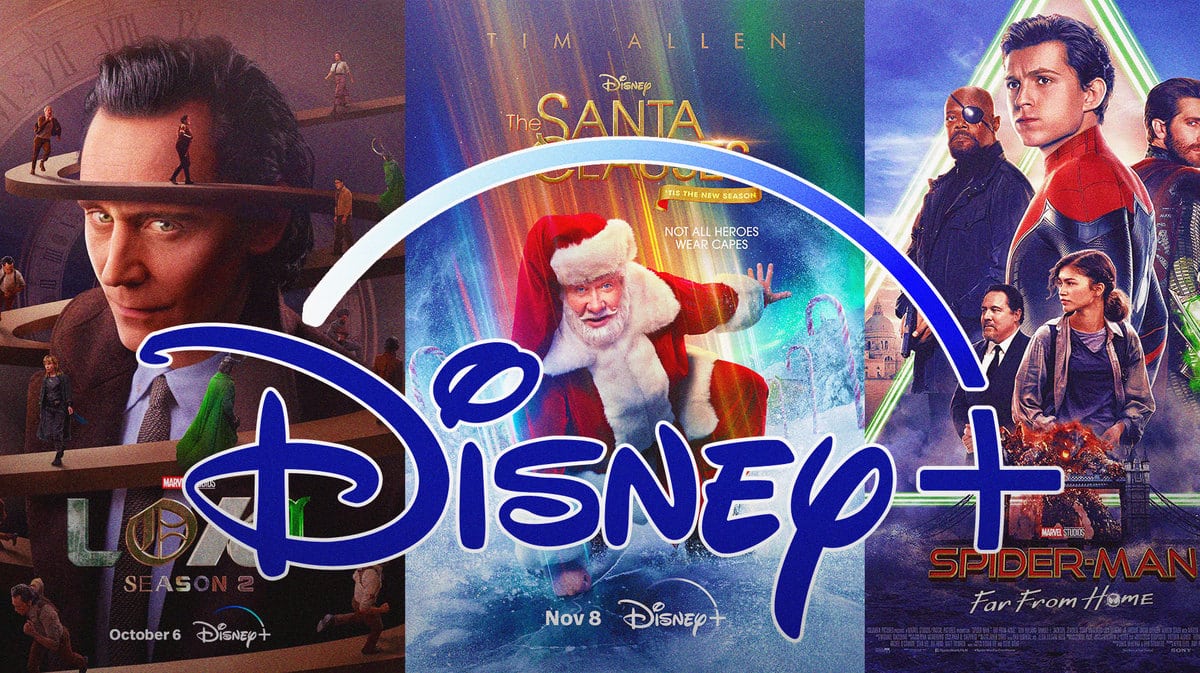 Disney+ logo in front of Loki Season 2 poster, The Santa Clauses poster, and Spider-Man: Far From Home poster.