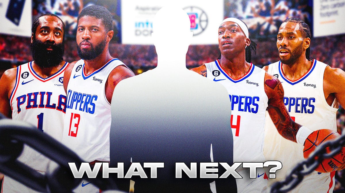 Mystery player in the middle with James Harden, Paul George, Terance Mann, Kawhi Leonard all around him and the Clippers wallpaper in the background.