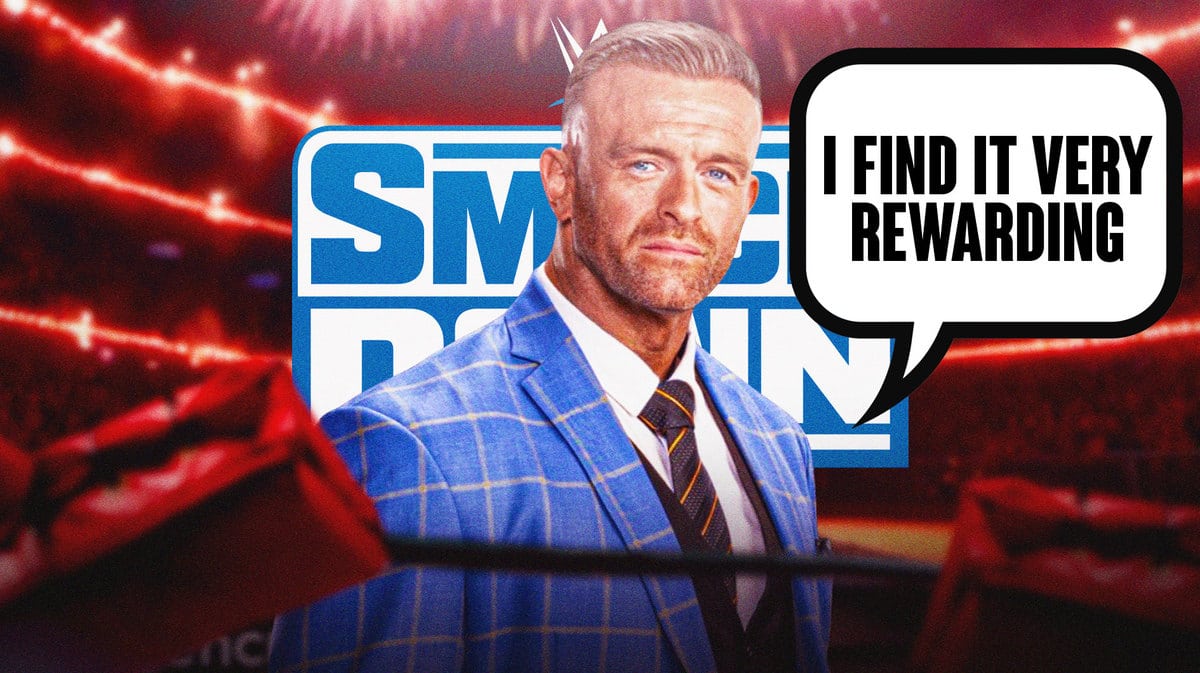 Nick Aldis with a text bubble reading “I find it very rewarding” with the SmackDown logo as the background.