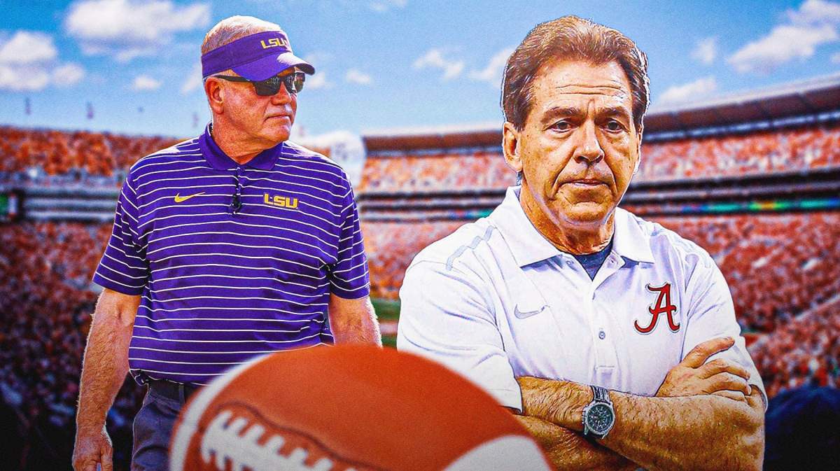 Alabama football, LSU football, Brian Kelly, Nick Saban, Crimson Tide, Nick Saban and Brian Kelly with Alabama football stadium in the background