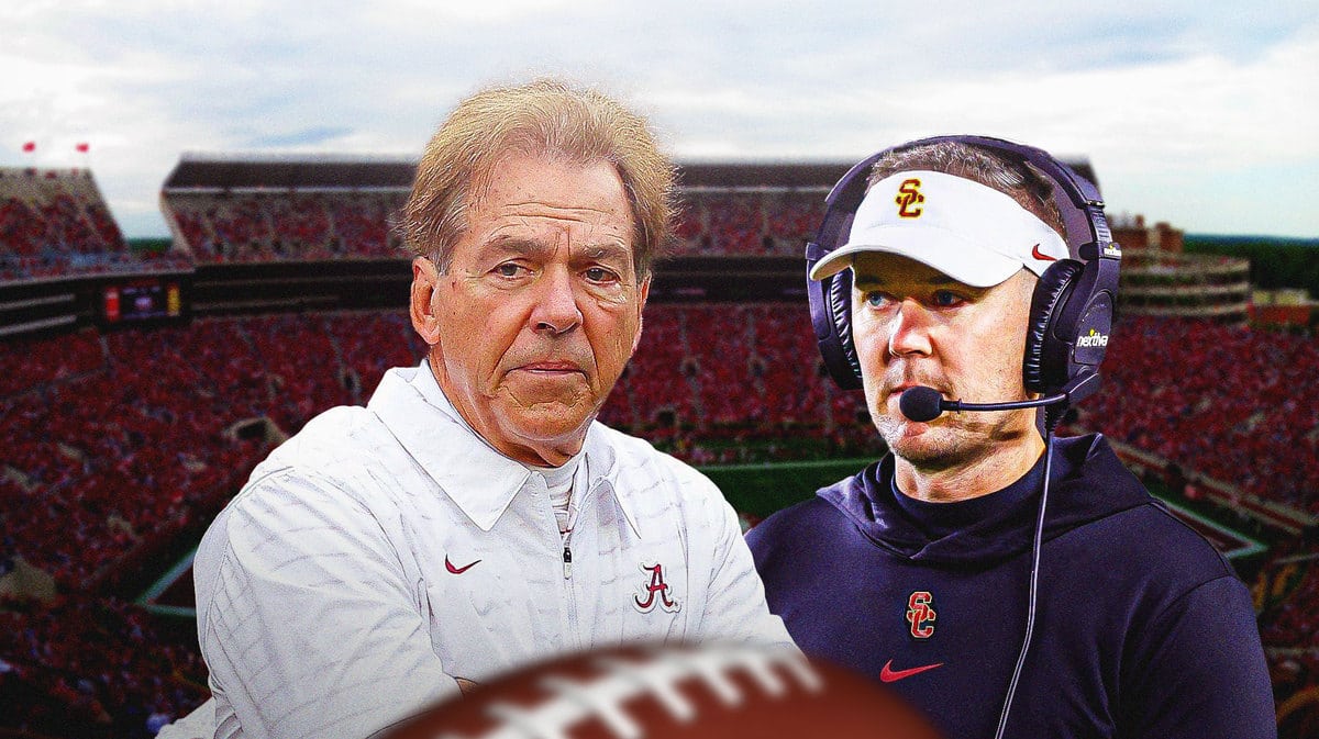 Alabama football head coach Nick Saban and USC head coach Lincoln Riley in front of Bryant-Denny Stadium.