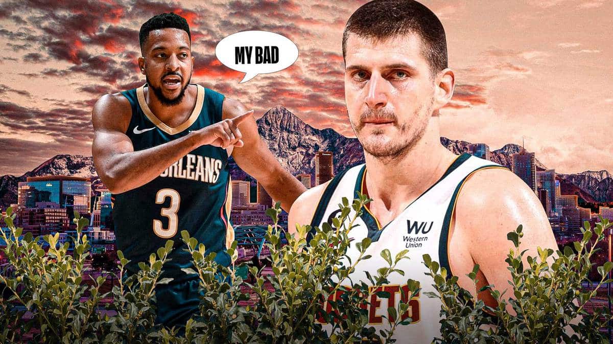 Pelicans' CJ McCollum apologizing to Nuggets' Nikola Jokic, speech bubble on McCollum: “My bad”