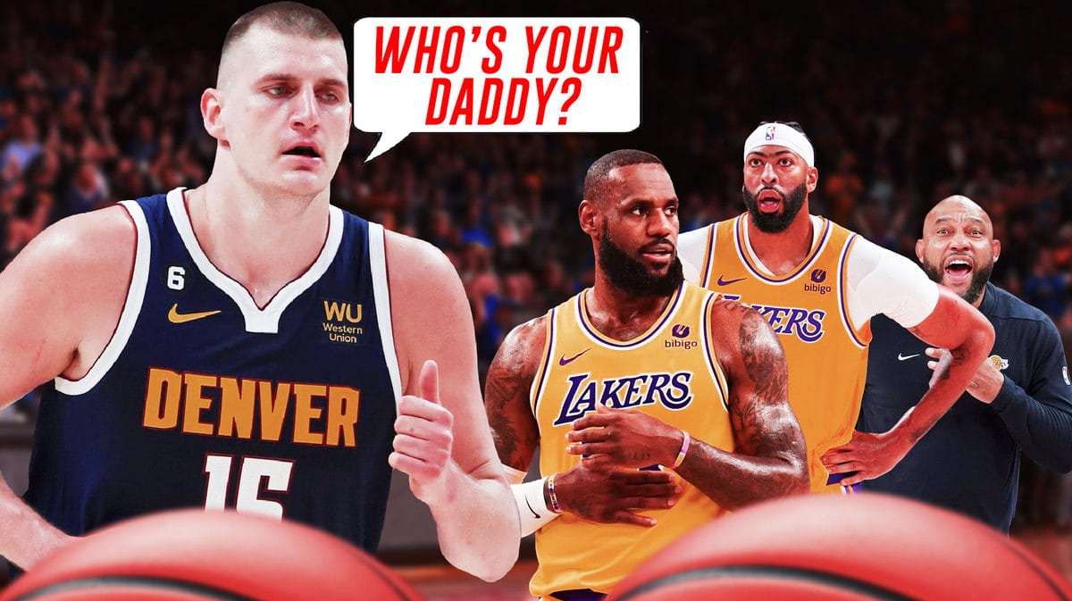 Nuggets Nikola Jokic saying "who's your daddy" to Lakers LeBron James, Anthony Davis, Darvin Ham