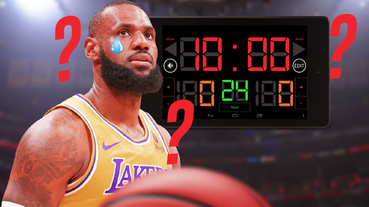 Lakers LeBron James with game clock and question marks