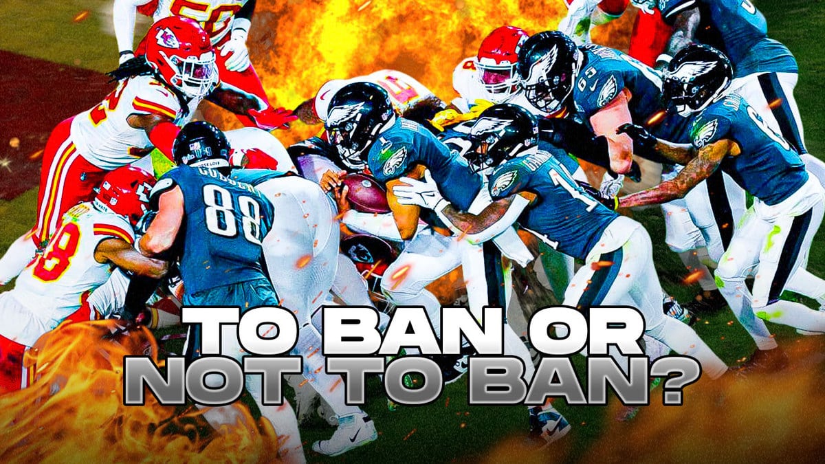 The Philadelphia Eagles using the tush push with explosions in the background.