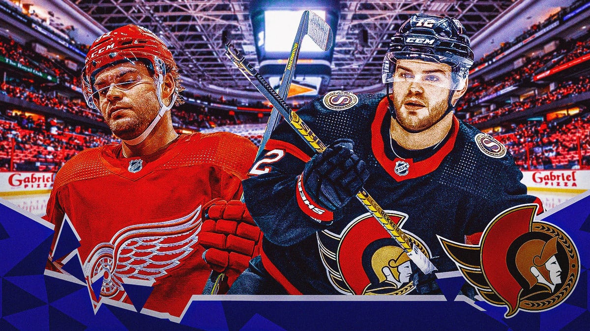 Hockey star Alex DeBrincat wearing a Detroit Red Wings jersey and an Ottawa Senators jersey.