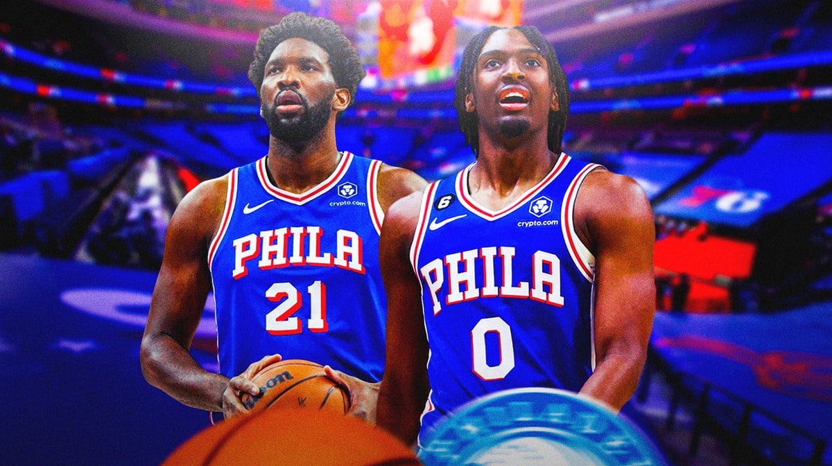 Sixers' Joel Embiid next to Tyrese Maxey