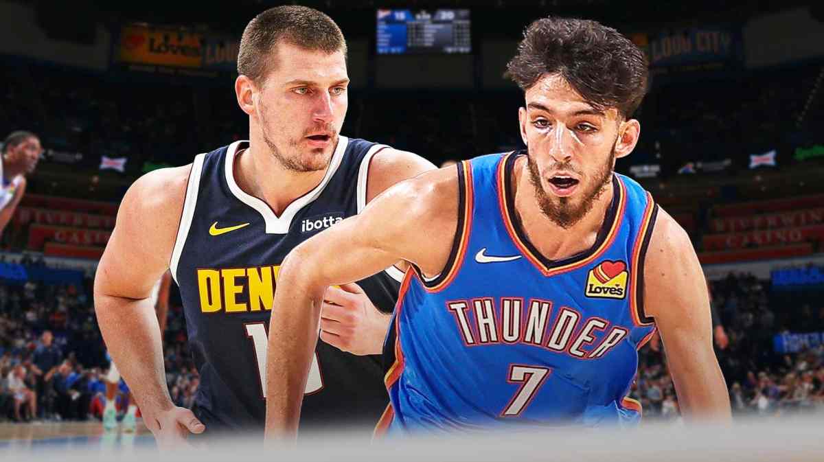 Nikola Jokic and Chet Holmgren with the Thunder arena in the background Nuggets