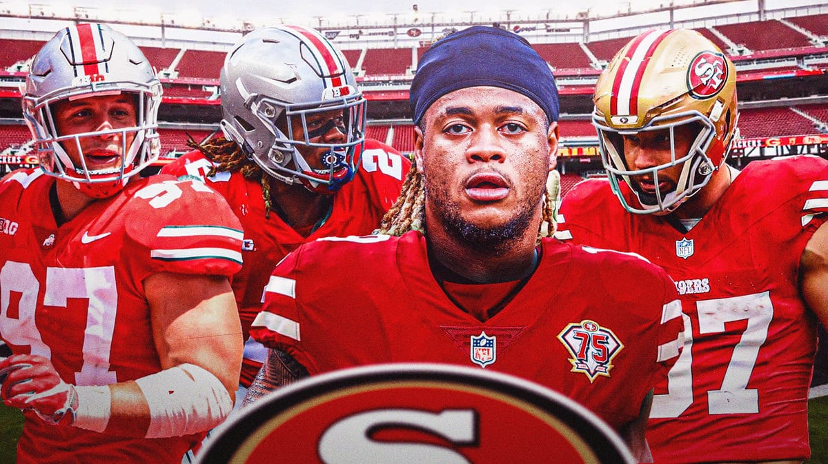 Ohio State football and San Francisco 49ers stars Chase Young and Nick Bosa in front of Levi's stadium.