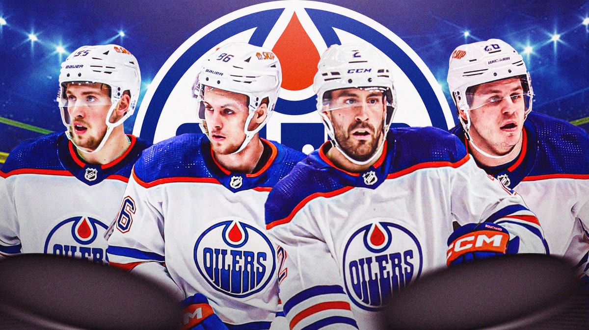 Image: Evan Bouchard, Philip Broberg, Mattias Janmark and Dylan Holloway in image, EDM Oilers logo, hockey rink
