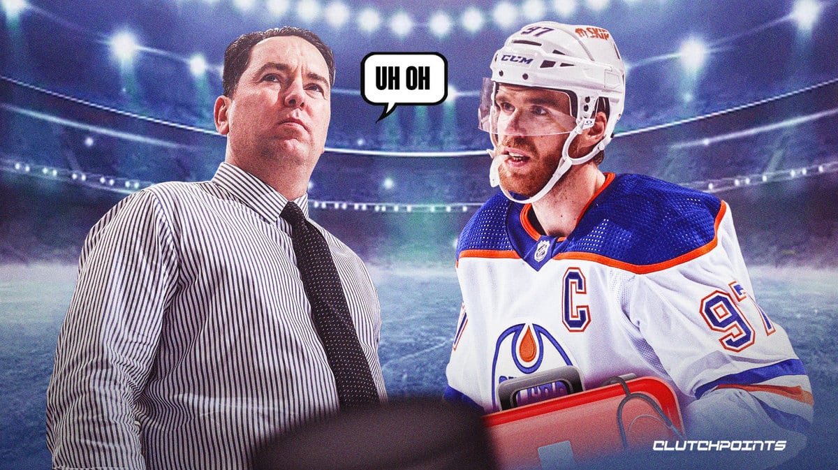 Connor McDavid on one side injured with Oilers head coach Jay Woodcroft on the other side worried about his potential absence