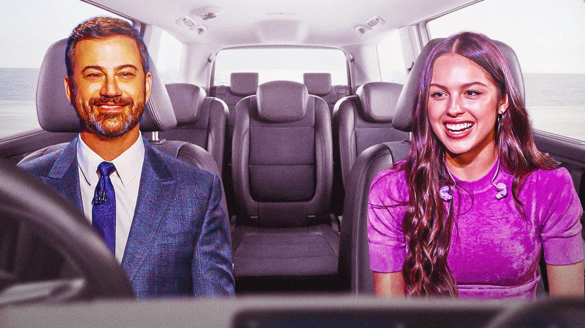 Jimmy Kimmel and Olivia Rodrigo in a car.
