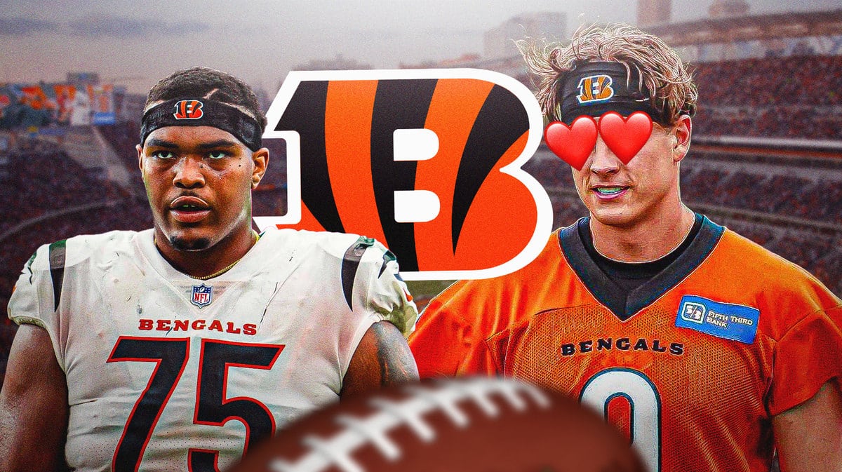 Bengals Joe Burrow loving Orlando Brown Jr's latest injury update. Paycor Stadium as the background