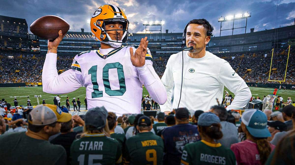 Packers' Jordan Love throwing a football. Packers' Matt LaFleur smiling
