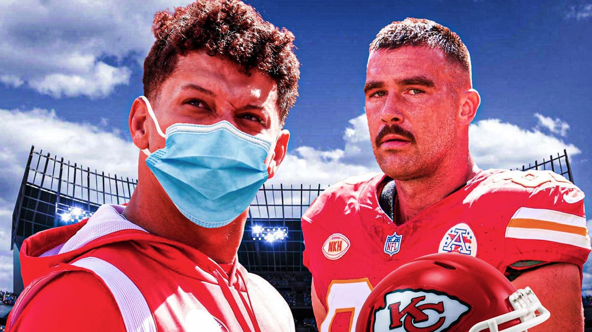 Chiefs Patrick Mahomes with a mask with Travis Kelce