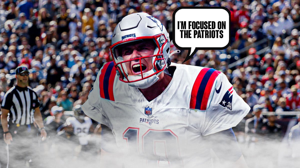 Mac Jones in a New England Patriots jersey saying I'm focused on the Patriots