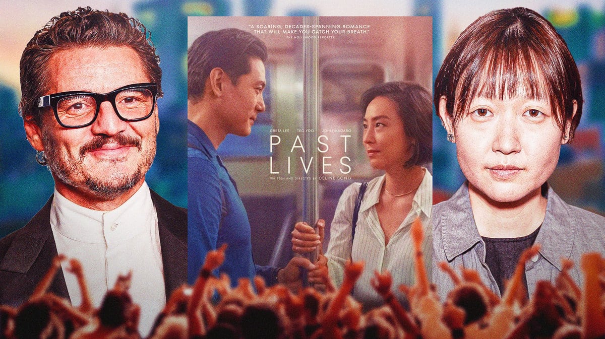Pedro Pascal and Celine Song with A24 film Past Lives poster.