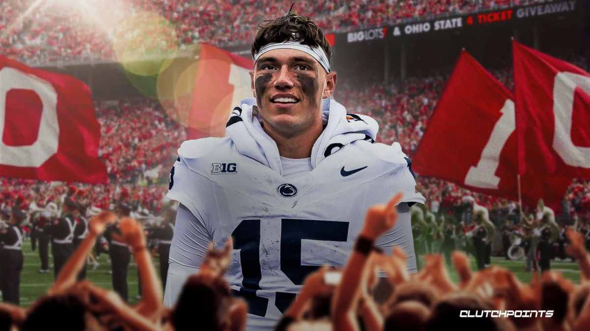 Penn State football, Ohio State football, Buckeyes, Nittany Lions, Drew Allar,Drew Allar (In Penn State uni) with Ohio State football stadium in the background