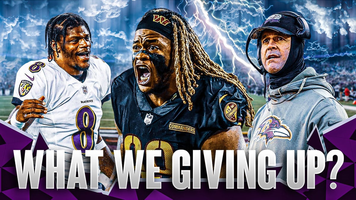 Chase Young in the middle with Ravens coach John Harbaugh, Lamar Jackson around him and explosions in the background.