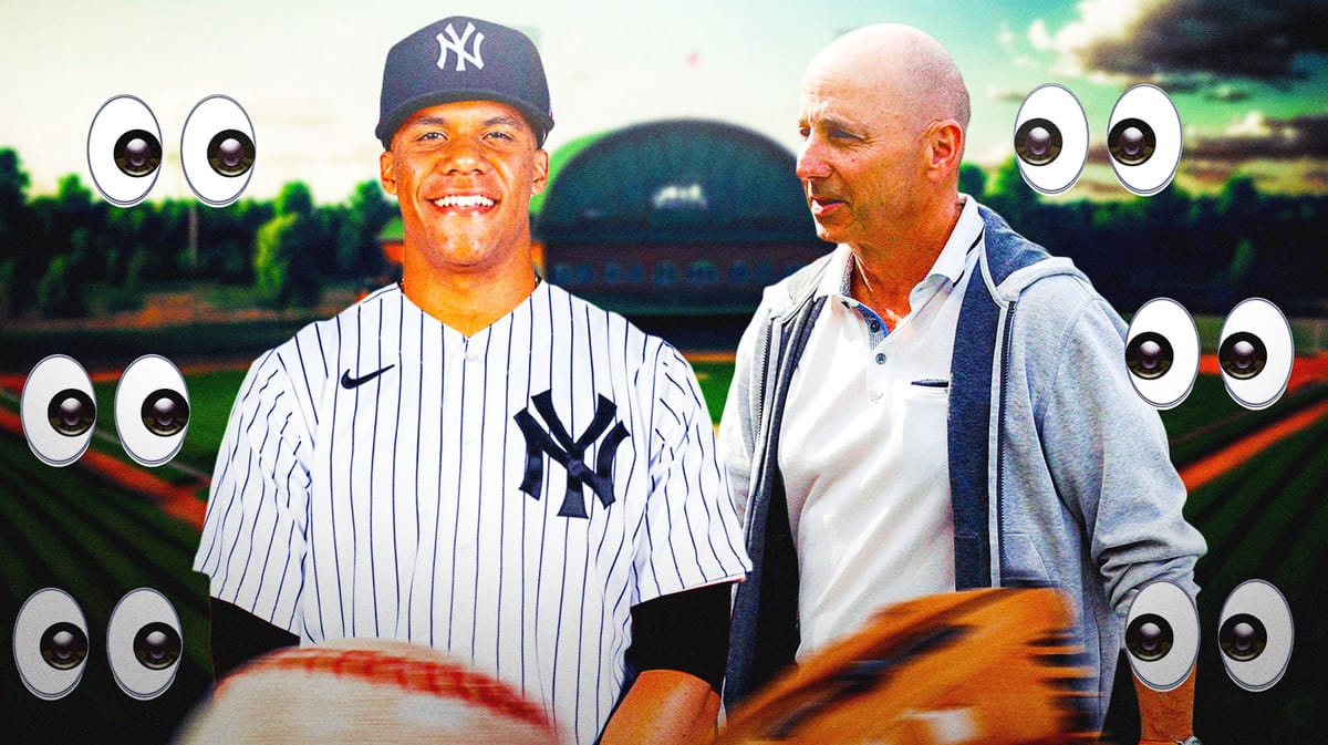 Juan Soto in a Yankees uniform with Brian Cashman nesxt to him. Eyeball emojis in the background.
