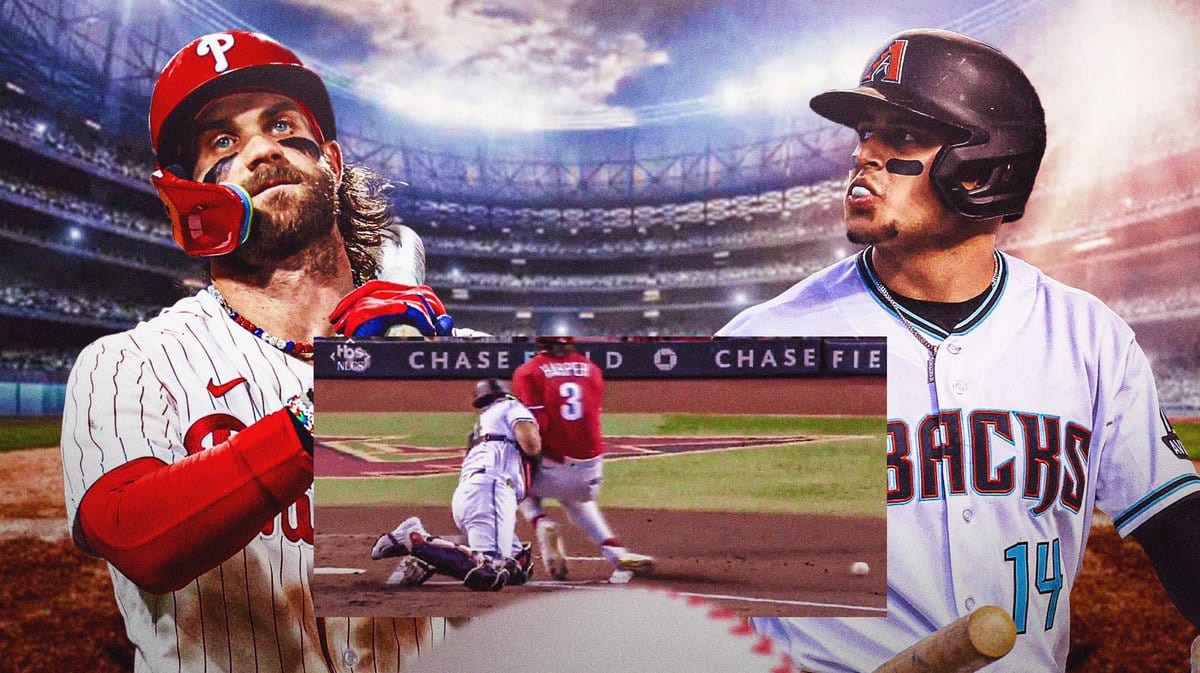 Phillies' Bryce Harper and Diamondbacks' Gabriel Moreno in front of a screenshot of a tough play at home plate