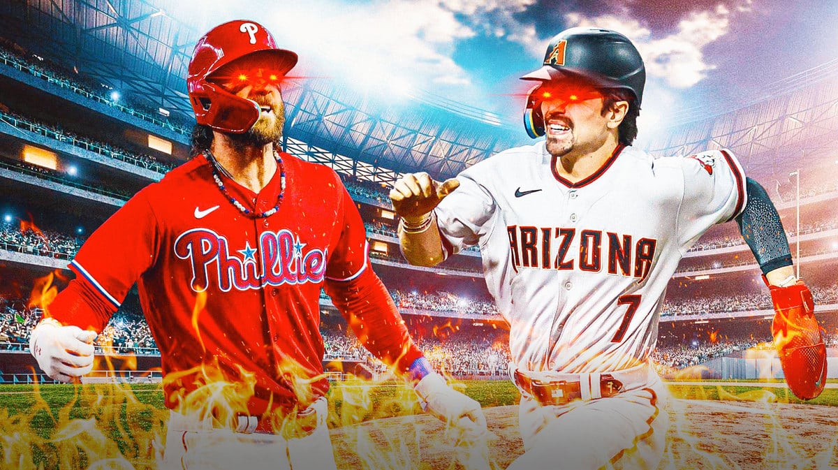 Bryce Harper of the Phillies and Corbin Carroll of the Diamondbacks each with woke eyes